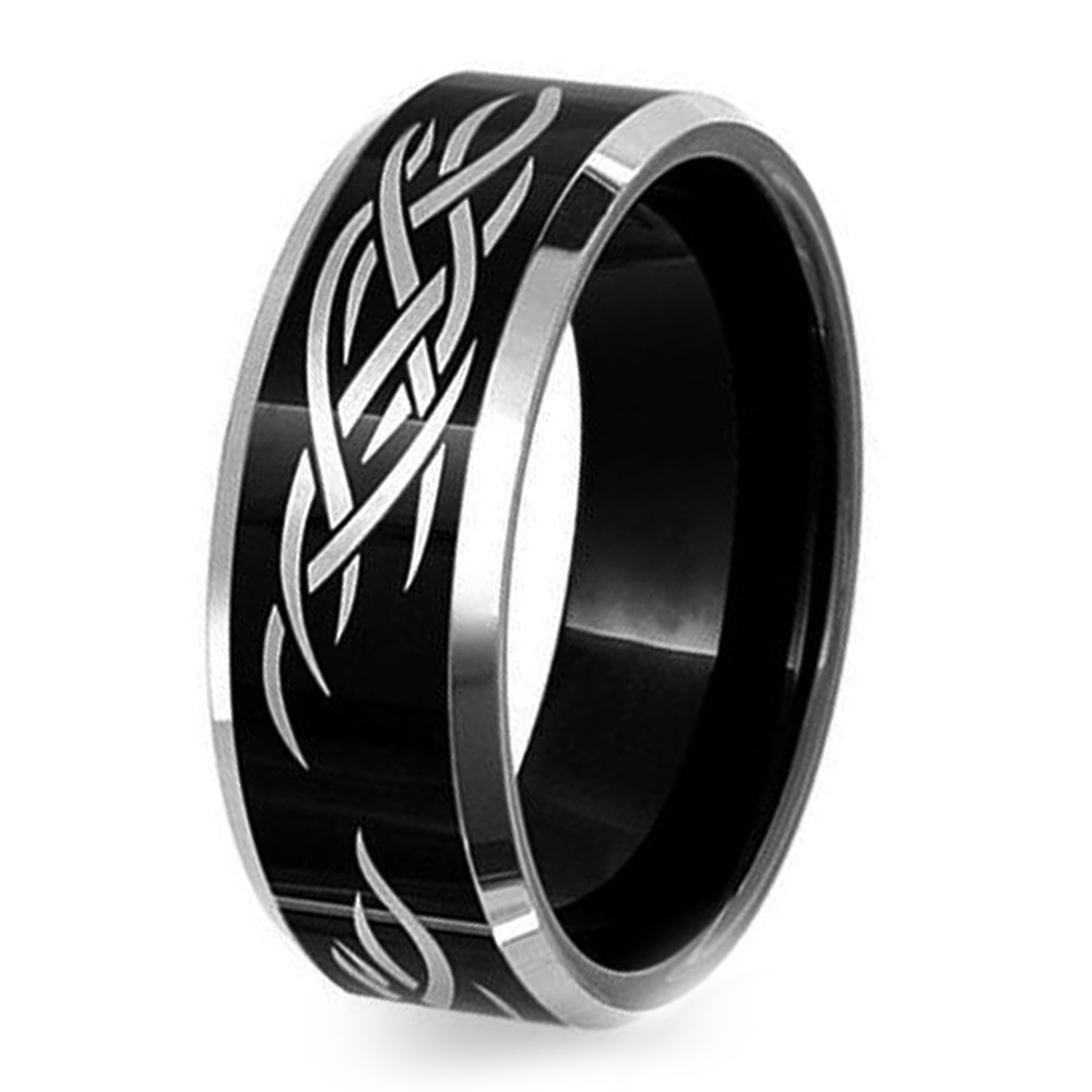 ... Men's Beveled Edge Tungsten Laser Engraved Celtic Knot Pattern Ring