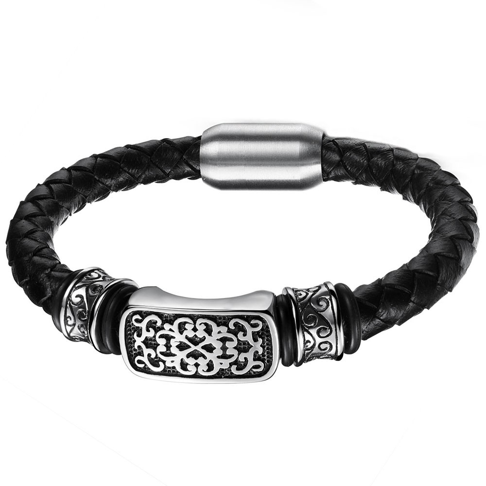 Men's Braided Black Leather Bracelet With Stainless Steel Clasp And Celtic Knot