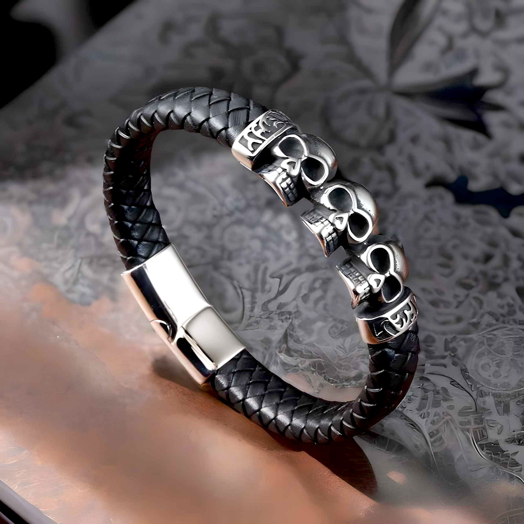 Men s Black Braided Leather Cords Stainless Steel Skull Bracelet 1376