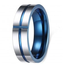 2 Tone Bleu Grooved Cross Tungsten Band RIng