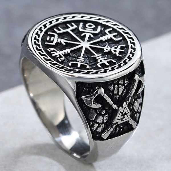 Bague blanc homme acier chevaliere runes viking celtique