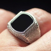 Square black onyx knight steel men's ring