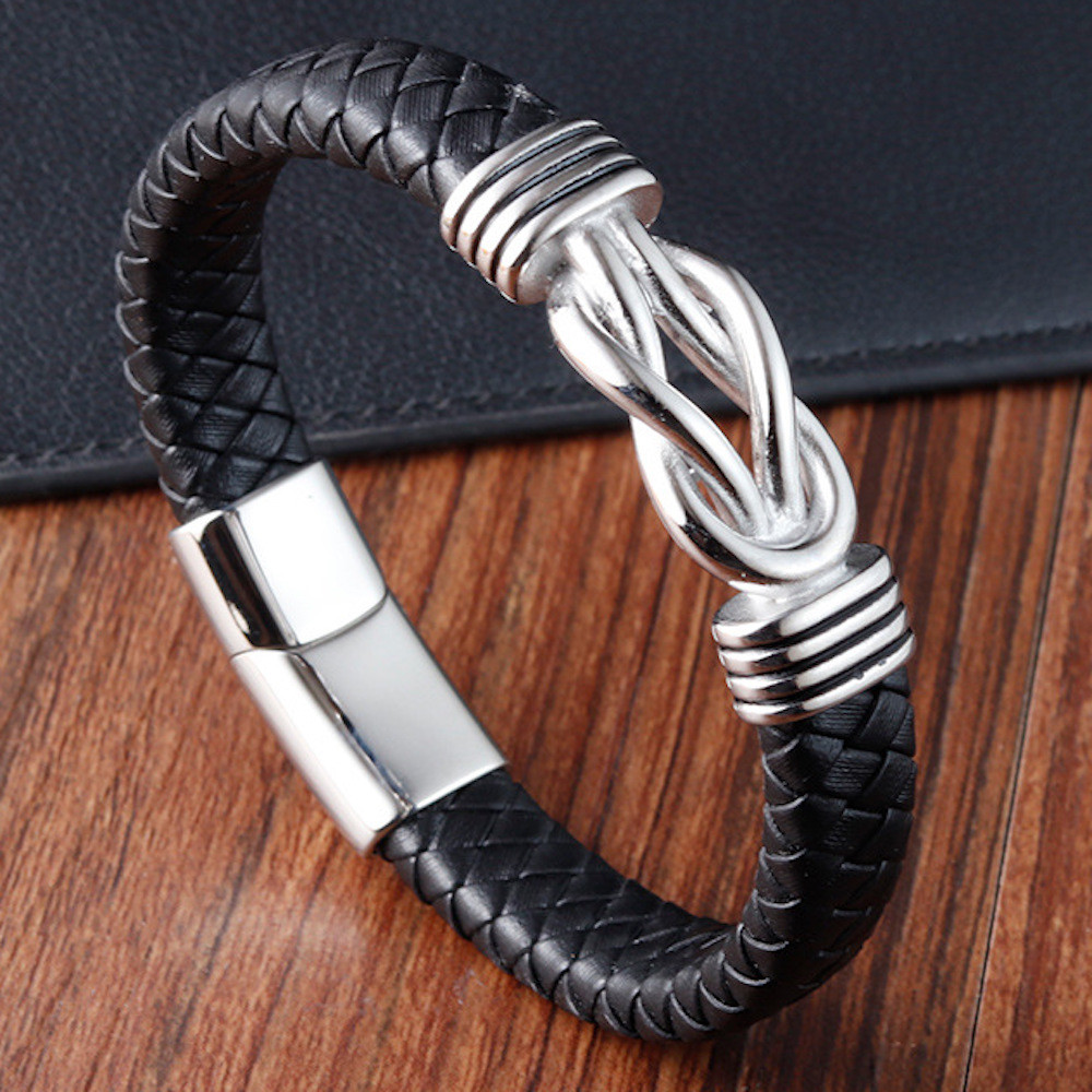 Pulsera hombre cuero trenzado negro nudo marinero cierre acero