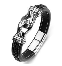Men's black braided leather bracelet Celtic knot with steel clasp