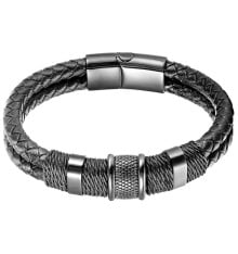 Men's Black Double Leather Rope Stainless Steel Magnetic Clasp Bracelet