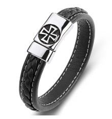 Men's braided leather bracelet with Maltese cross steel clasp
