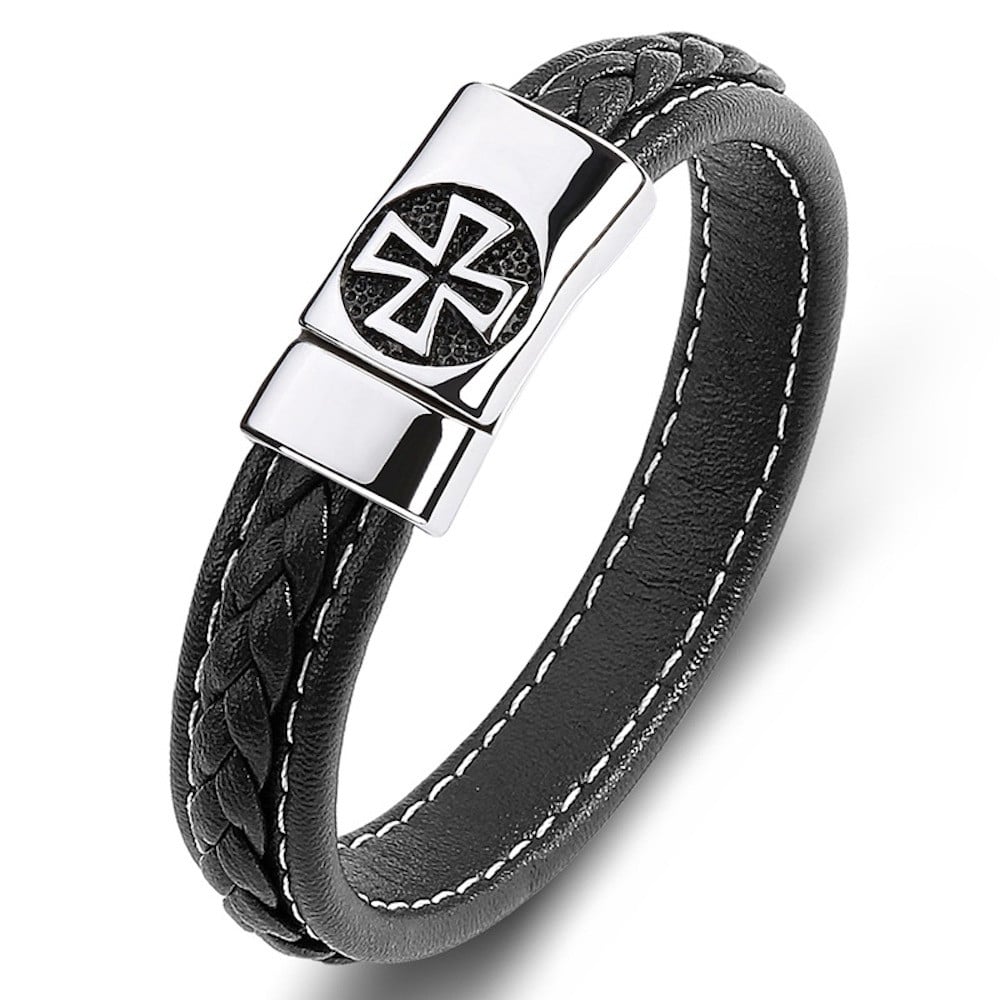 Herenarmband van gevlochten leer met stalen Maltezer kruissluiting