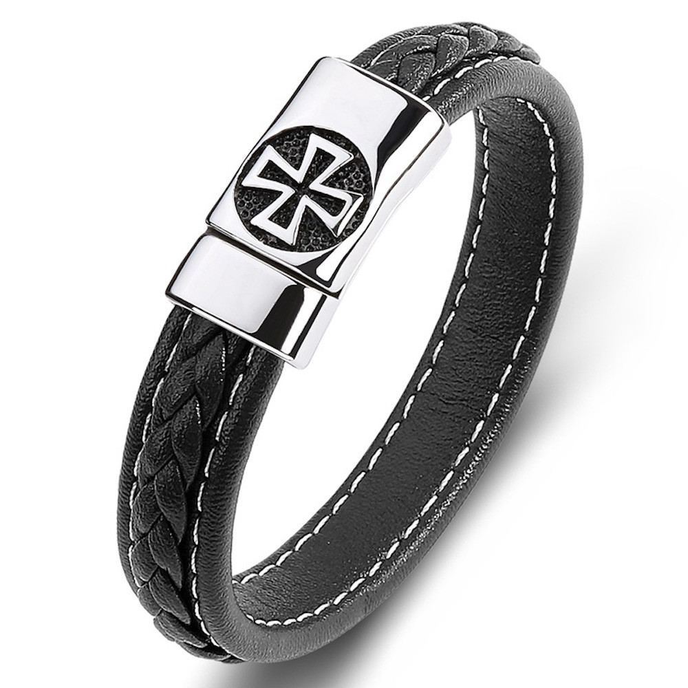 Herrenarmband aus geflochtenem Leder mit Malteserkreuz-Stahlverschluss