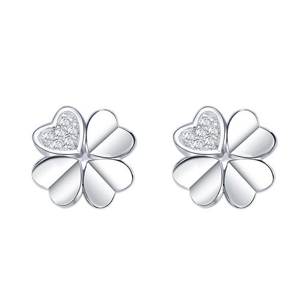Sterling Silver Stud Clover Four Leaf Zirconia Inlay Earrings
