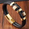 Men's Braided Leather Black Double Cords Stainless Steel Magnetic Clasp Bracelet