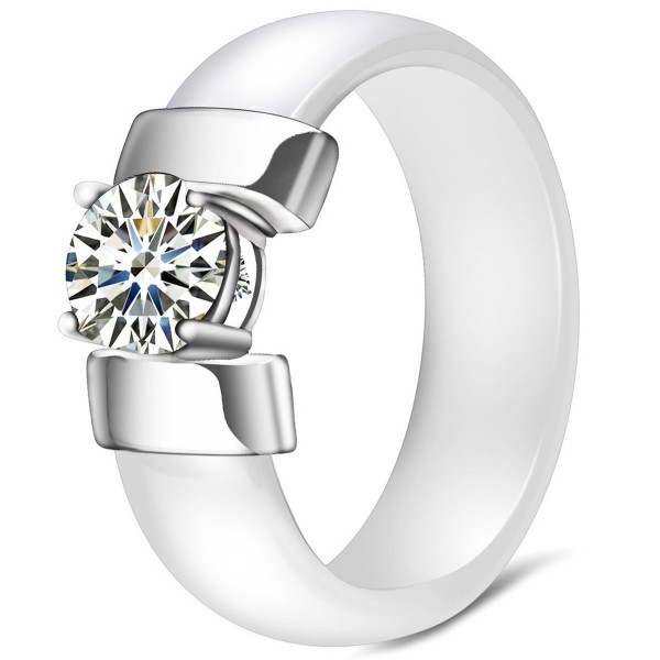 Women White Ceramic Cubic Zirconia Inlay Band Ring