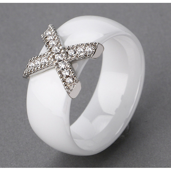 Bague blanche anneaux ceramique noire croix acier zirconium