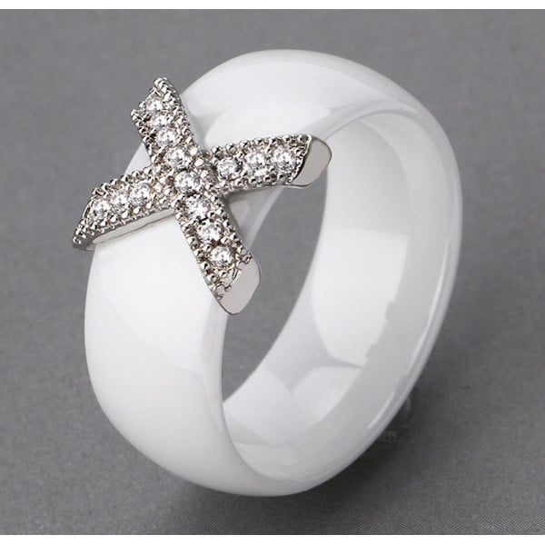 Black Ceramic Cross Cubic Zirconia Inlay Ring