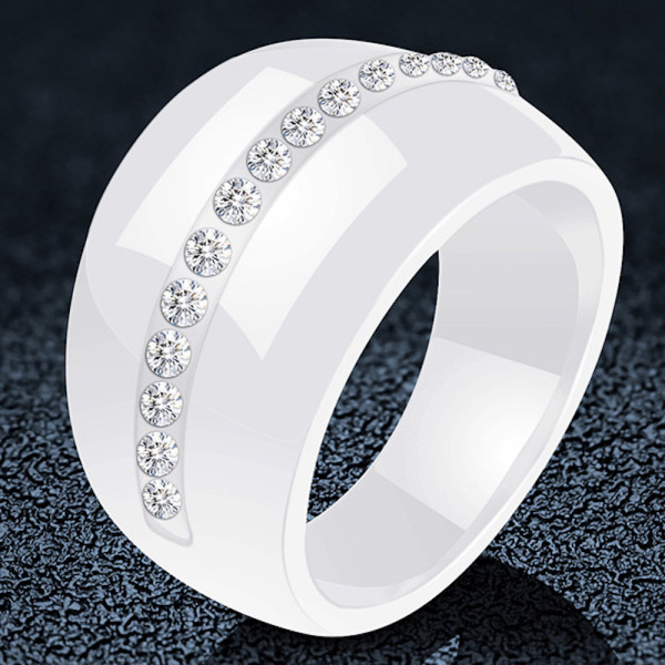 Bague Céramique Et Acier Inoxydable Noir Avec Zircon - Taille 59 (USA 9)