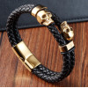 Doppeltes Herrenarmband aus Leder mit geflochtener schwarzer Kordel und Totenkopfverschluss aus Stahl