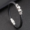 Bracelet homme cuir tresse tete de mort acier noir