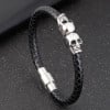 Pulsera de hombre de cuero trenzado con calavera de acero negro