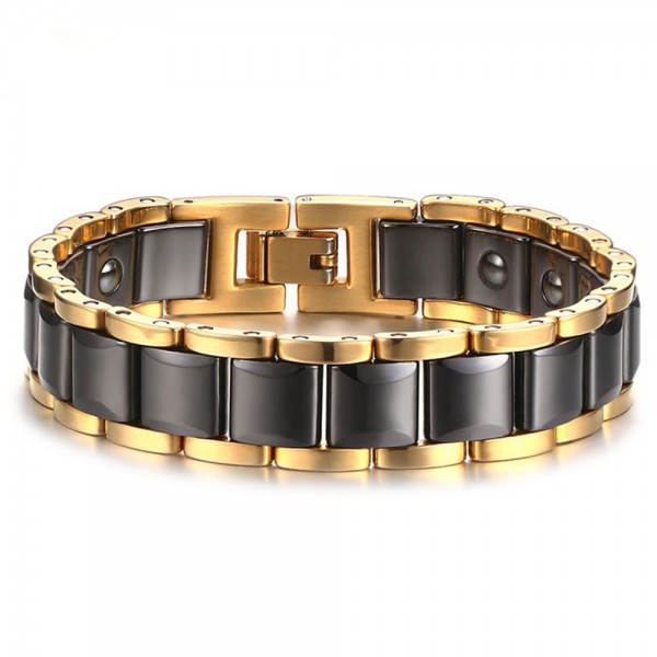 Men's Black Ceramic Magnetic Gold Plated Edges Bracelet