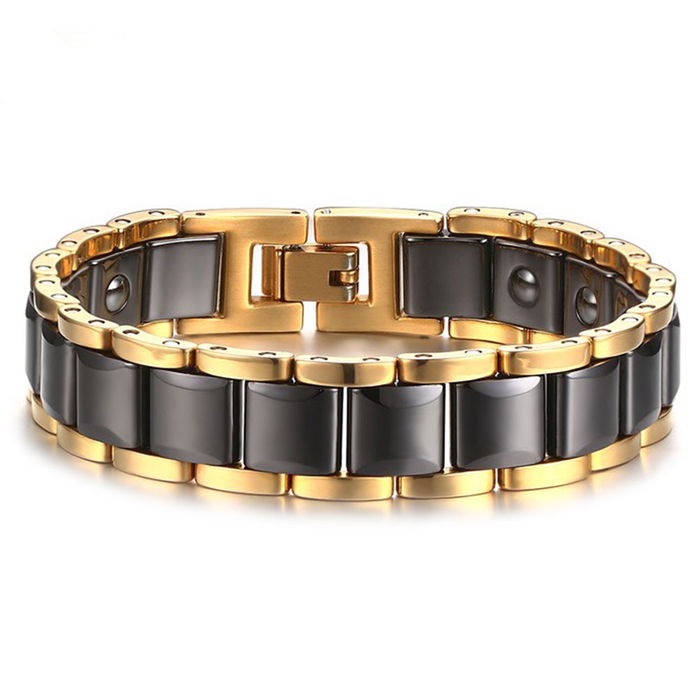 Bracelet femme ceramique noir magnetique plaque or - BijouxStore