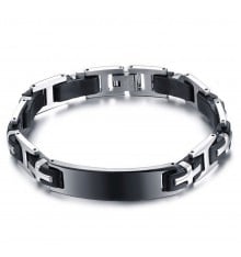 Men's Stainless Steel Cross Black Rubber ID Bracelet