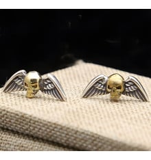 Men's silver stud earrings with skull and wings