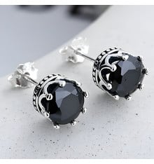 Sterling Silver Crown Earrings Black Zirconia Inlay - pair