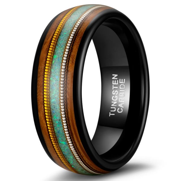 Personalized ring men's tungsten opal wood ring