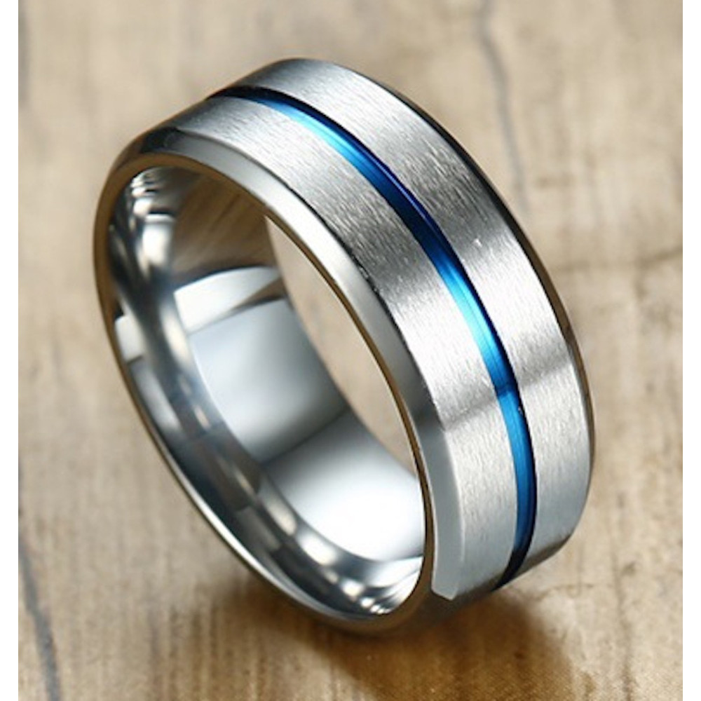 Men's Black Brushed Blue Line Titanium Band Ring