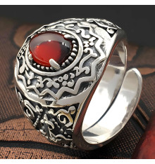 Men's Sterling Silver Red Onyx Inlay Cross Signet Open Ring