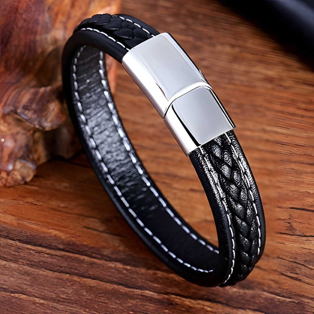 Men's Bicolor Braided Leather Stainless Steel Bracelet