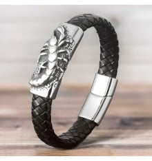 Men's Braided Leather Zodiac Scorpion Steel Magnetic Clasp Bracelet