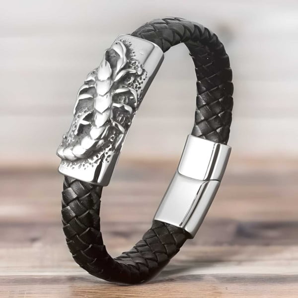 Bracelet homme cuir tresse zodiaque scorpion fermoir acier