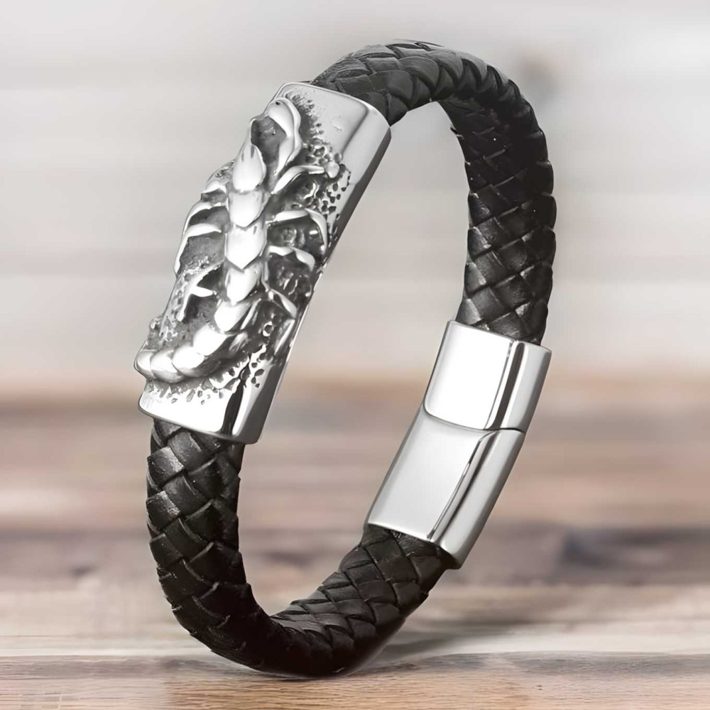 Men's Braided Leather Zodiac Scorpion Steel Magnetic Clasp Bracelet