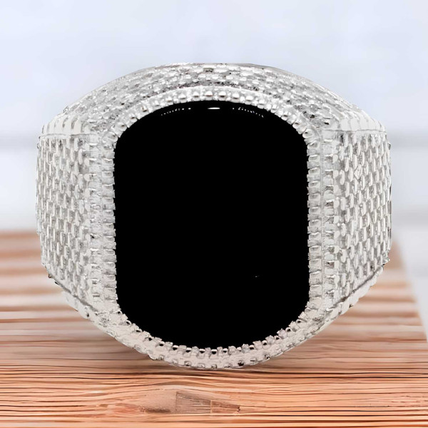 Anello da uomo in acciaio da cavaliere quadrato con onice nera
