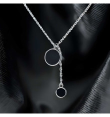 Pendentif collier argent rhodie goutte eau resine noir rond chaine 45cm