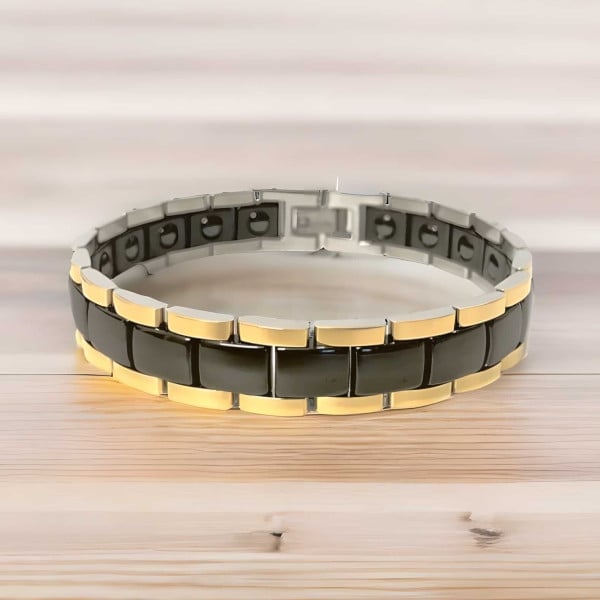 Bracciale da uomo in ceramica nera con catena magnetica placcata in oro