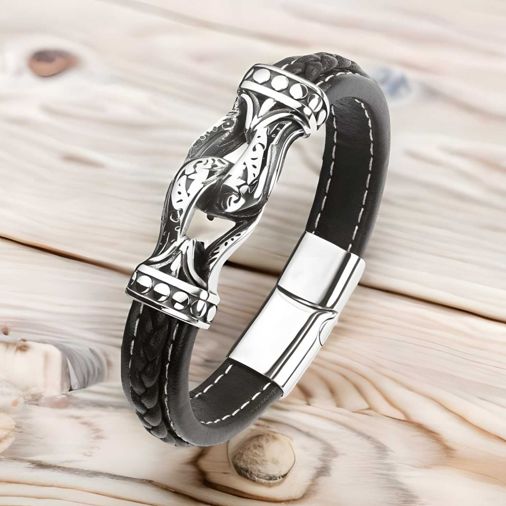Bracelet homme cuir tresse noir noeud celtique fermoir acier