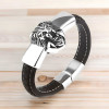 Bracelet homme cuir noir tete de lion acier