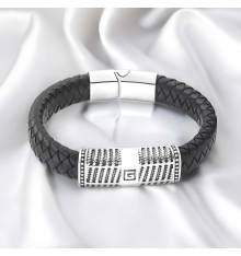 Bracciale da uomo in acciaio con elemento in pelle nera con motivo greca