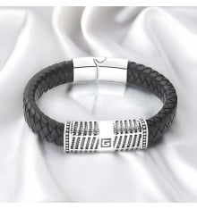 Bracelet homme cuir noir element acier motif grecque
