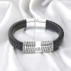 Bracelet homme cuir noir element acier motif grecque