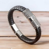 Bracelet homme cuir noir element acier motif grecque