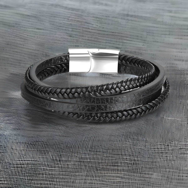 Bracciale Uomo In Pelle Nera Multi Giro Con Chiusura Magnetica - 3