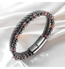 Herrenarmband aus geflochtenem Leder mit Opalperlen und Stahlverschluss