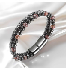 Pulsera de hombre de cuero trenzado con cuentas de ópalo y cierre de acero.