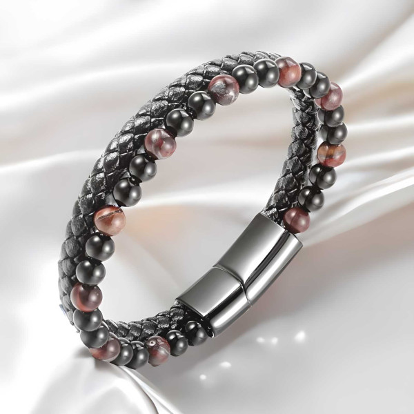 Bracciale da uomo in pelle intrecciata con perle di opale e chiusura in acciaio
