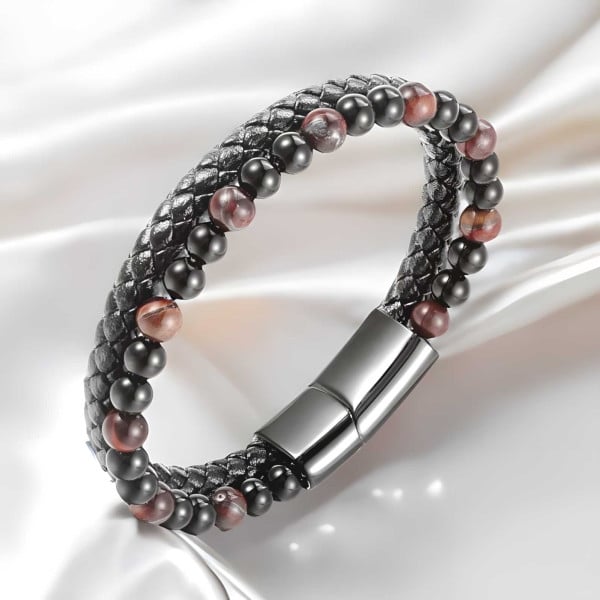 Herenarmband van gevlochten leer met opaalkralen en stalen sluiting