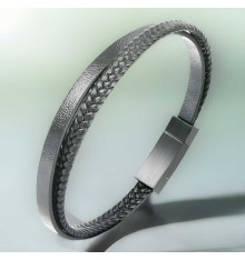 Herrenarmband aus schwarzem, geflochtenem Leder mit doppelter Linie und Stahlschließe
