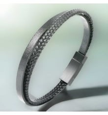 Pulsera de hombre de cuero trenzado negro de doble línea con cierre de acero