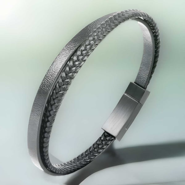 Bracciale da uomo in pelle intrecciata nera doppia linea con chiusura in acciaio